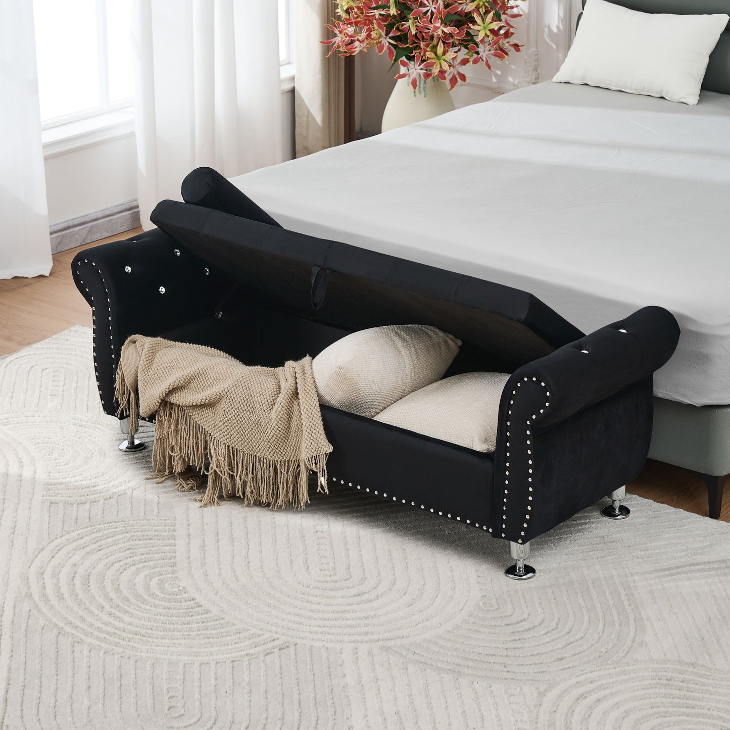Storage Bench With Crystal Buttons And 1 Pillow For Bedroom - The Sleep Loft - Online Mattress Showroom NYC