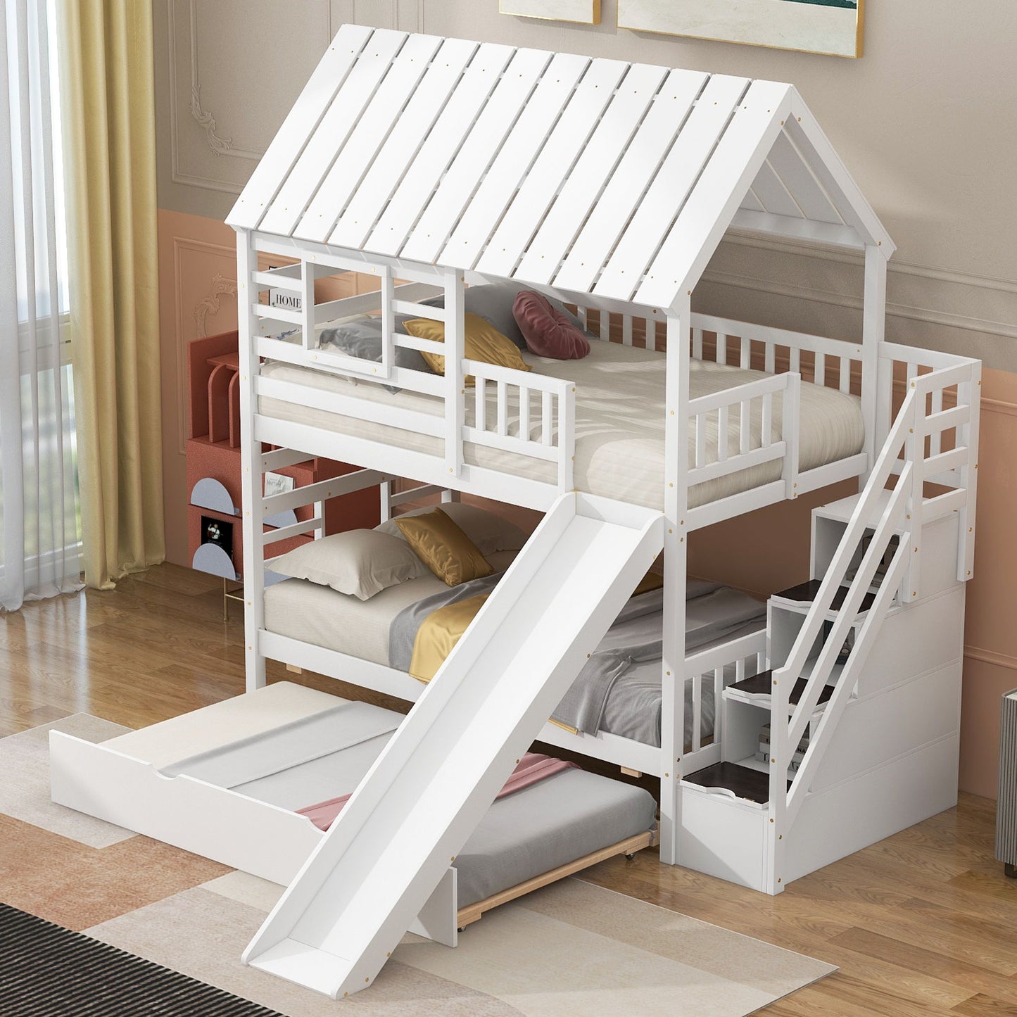 House Bunk Bed With Trundle, Storage Staircase, Roof And Window Design - The Sleep Loft - Online Mattress Showroom NYC