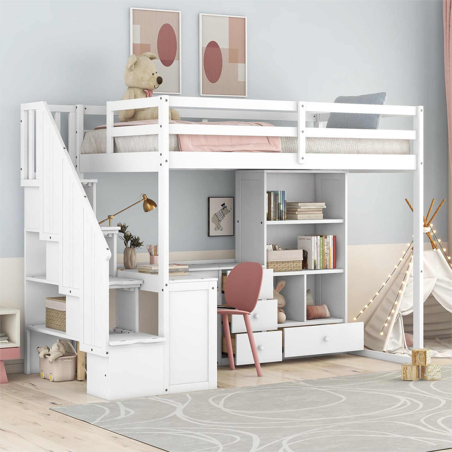 Loft Bed With L Shaped Desk, Drawers, Cabinet, And Storage Staircase - The Sleep Loft - Online Mattress Showroom NYC