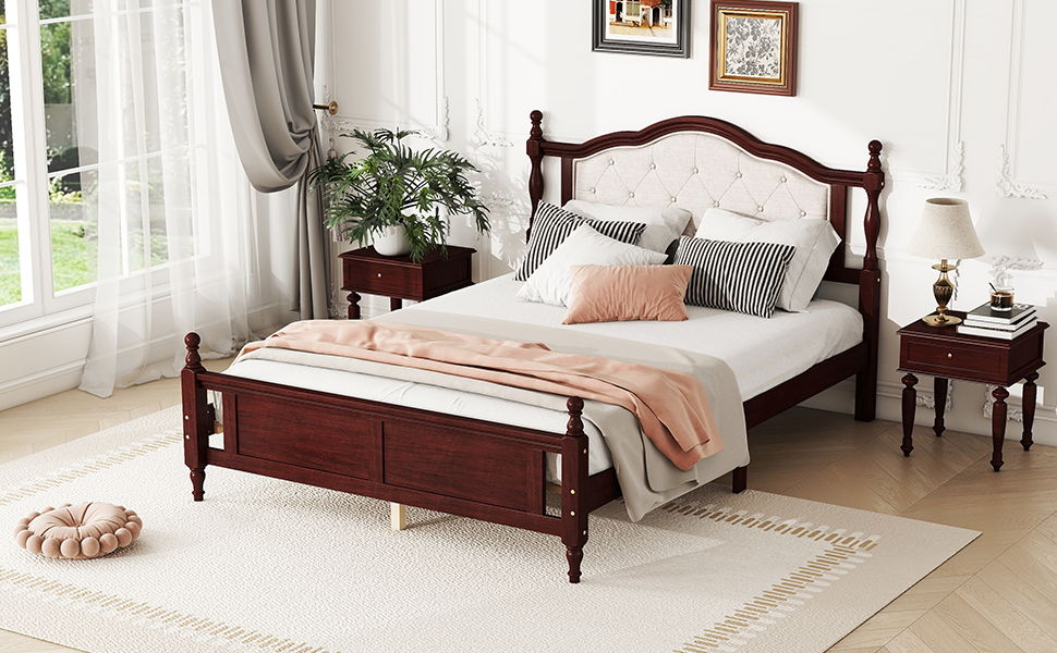 Pine Wooden Bed With Upholstered Headboard And Panel Footboard, With Two Bed Rail Support Feet And Central Platform Support Feet - The Sleep Loft - Online Mattress Showroom NYC