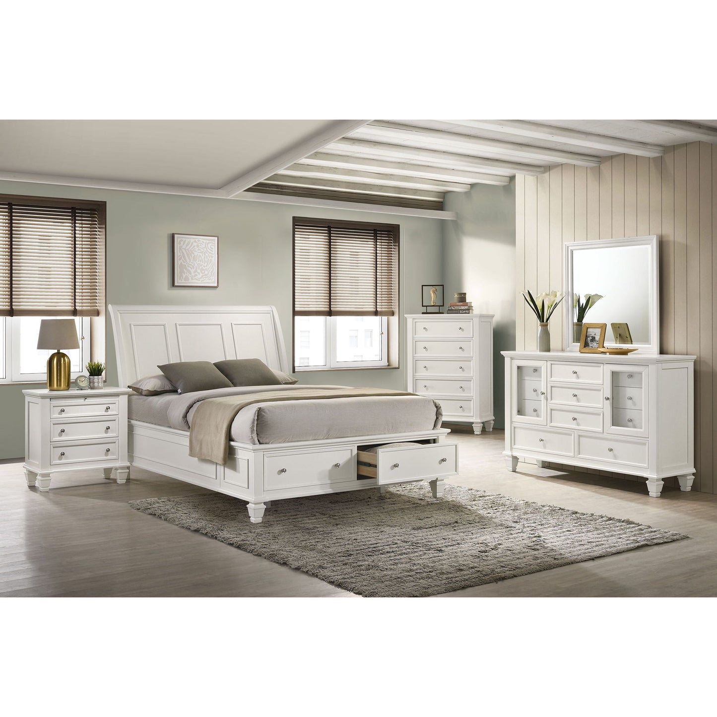 Dennis - Eastern King Storage Panel Bed With Carved Headboard And Built In Drawers - Cream White