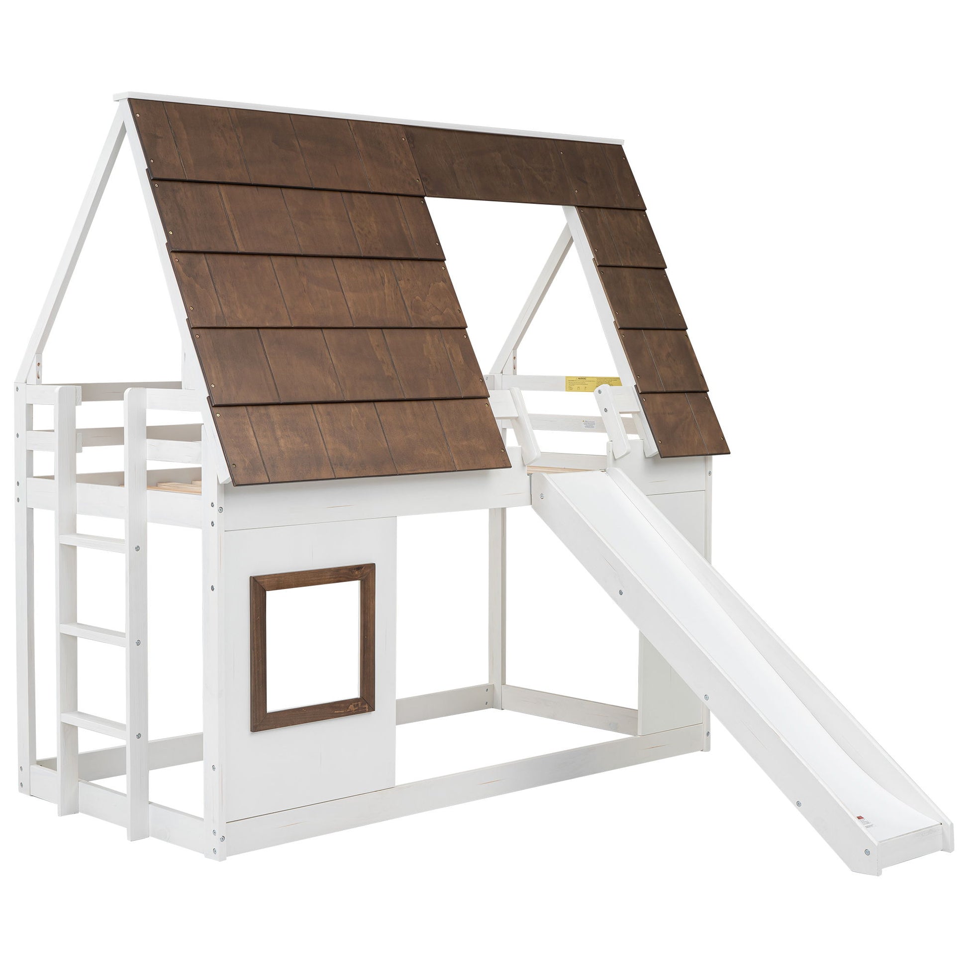 Wood Twin Size House Bunk Bed With Roof, Ladder And Slide - White / Brown - The Sleep Loft - Online Mattress Showroom NYC