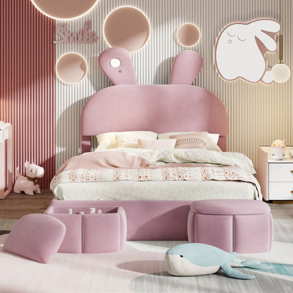 Full Upholstered Platform Bed With Cartoon Ears Headboard And LED Light - Pink - The Sleep Loft - Online Mattress Showroom NYC