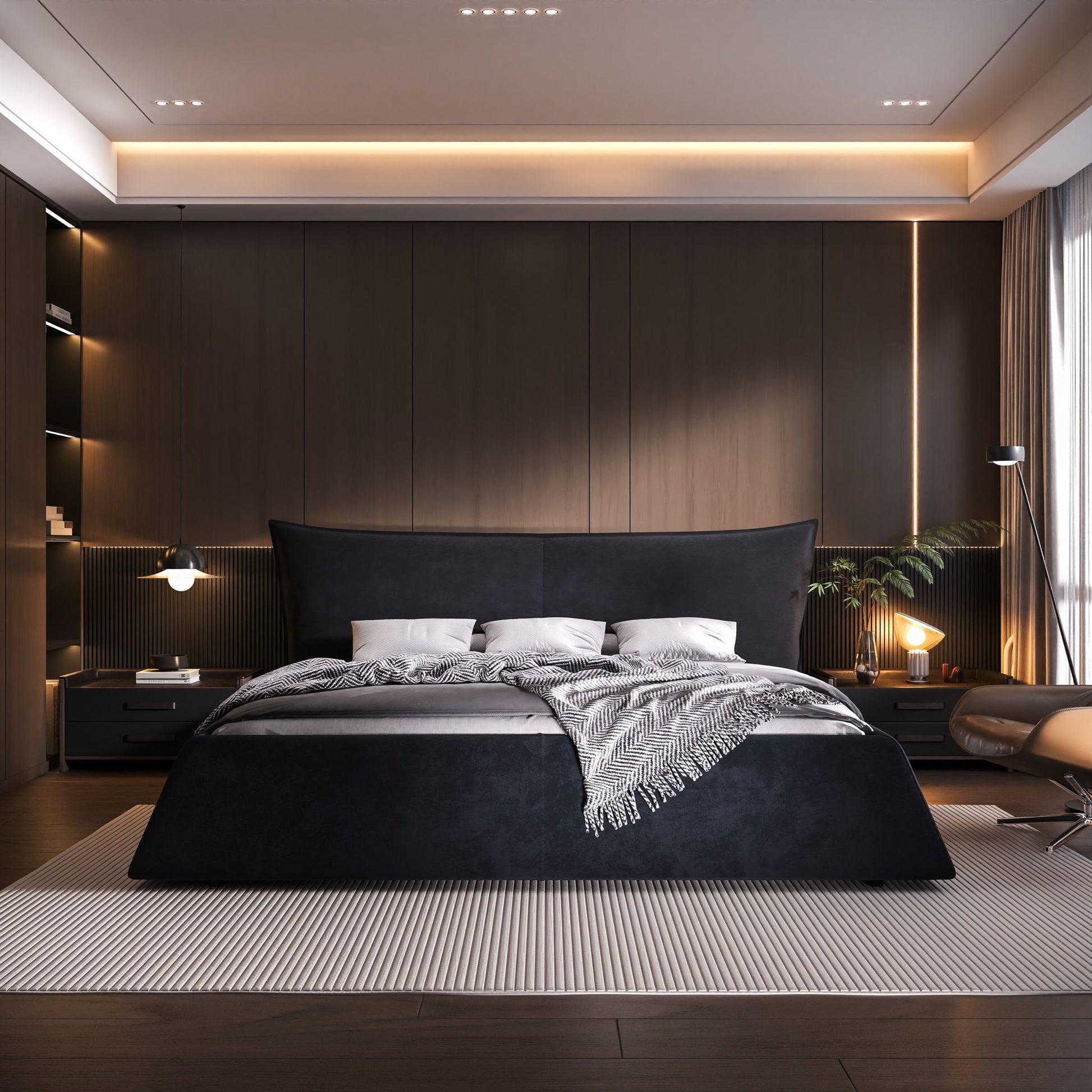 Upholstered Platform Bed With Special Shaped Headboard - The Sleep Loft - Online Mattress Showroom NYC