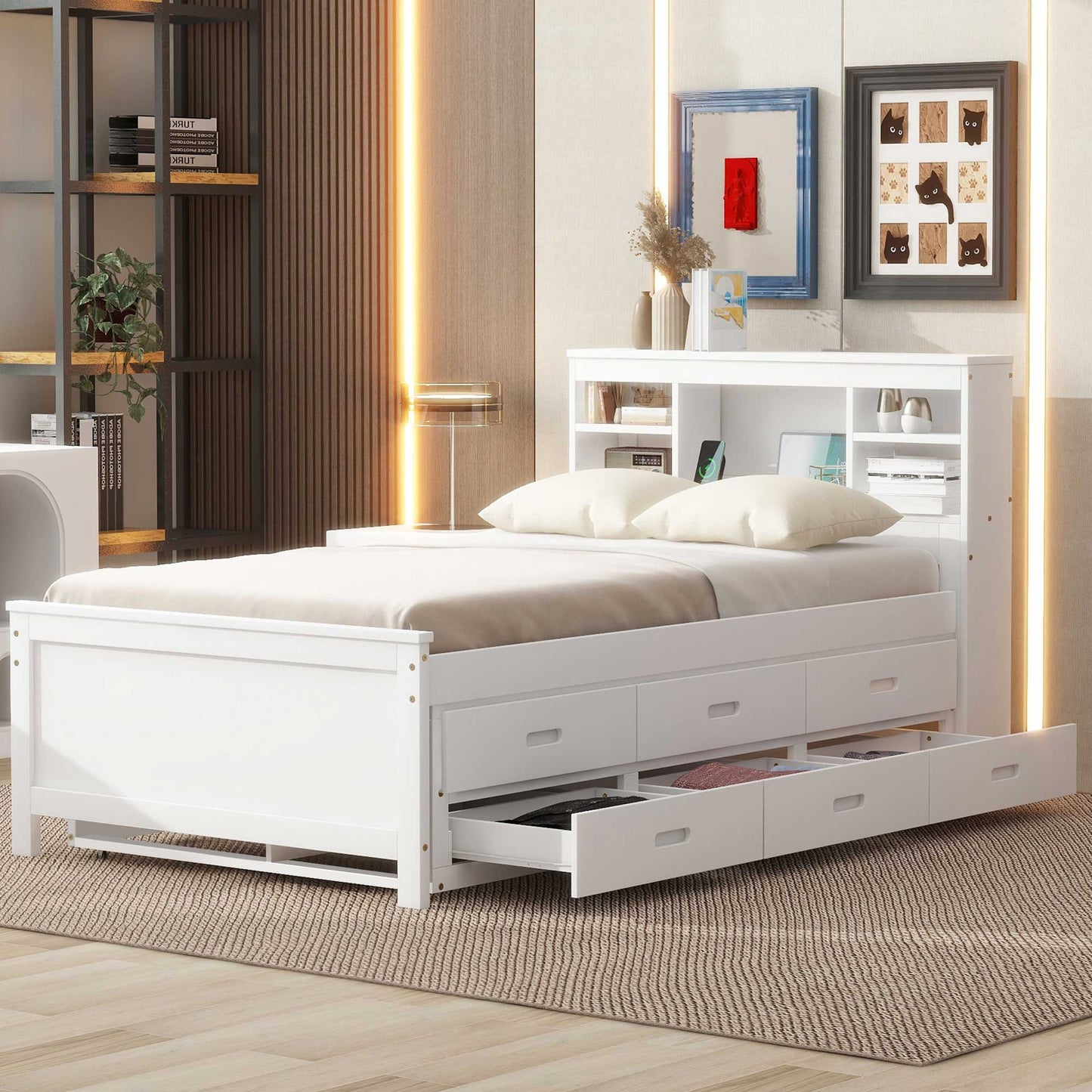 Platform Bed With Storage Headboard, USB, Trundle And 3 Drawers - The Sleep Loft - Online Mattress Showroom NYC