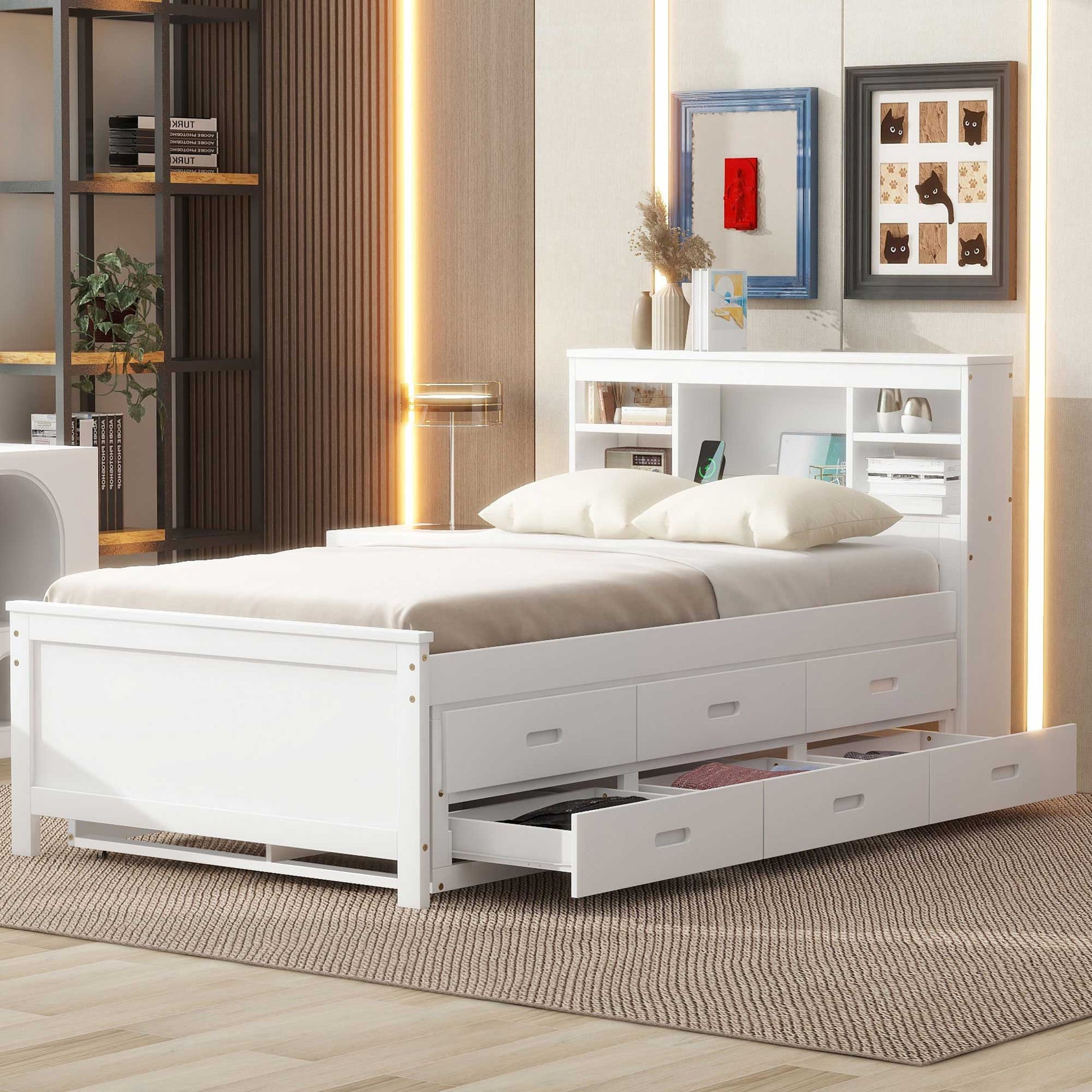 Platform Bed With Storage Headboard, USB, Trundle And 3 Drawers - The Sleep Loft - Online Mattress Showroom NYC