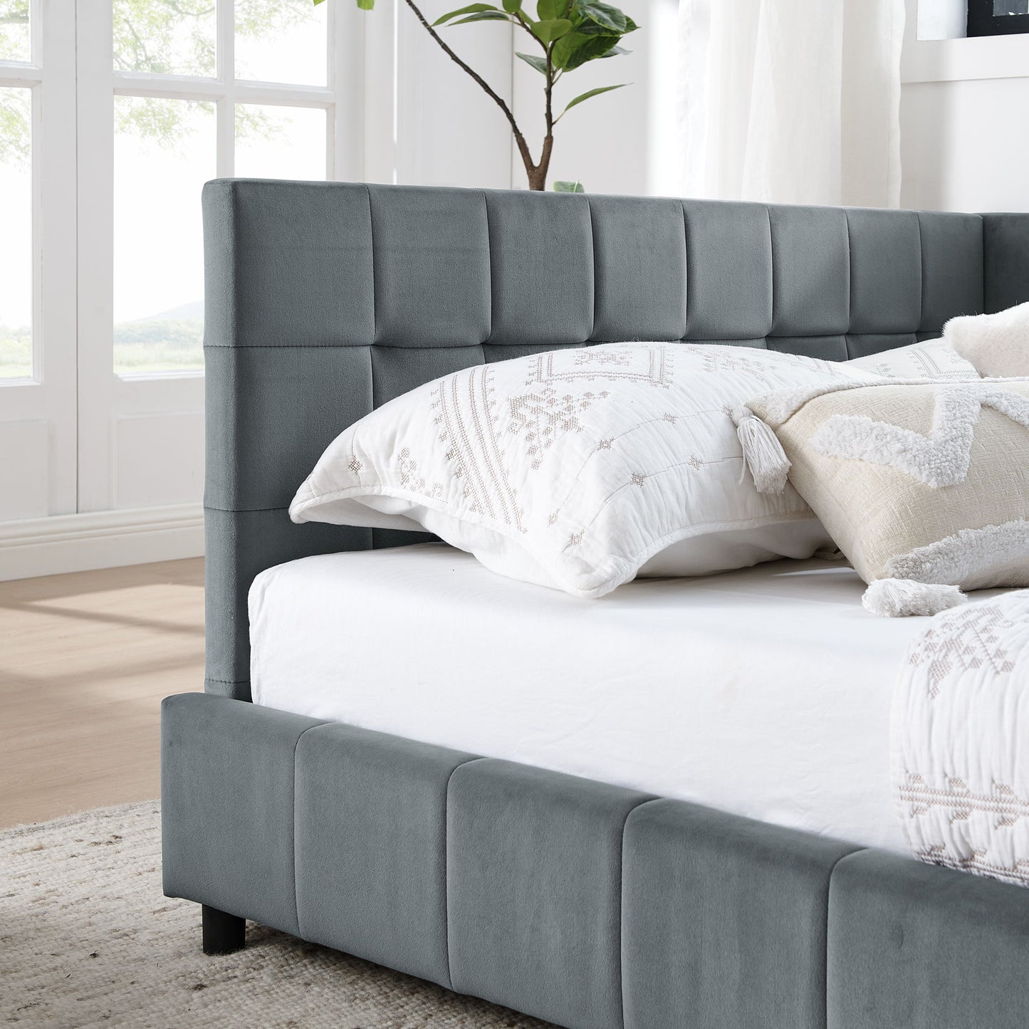 Mid-Century Storage Upholstered Tufted Bed Frame With Backrest And Armrests - The Sleep Loft - Online Mattress Showroom NYC