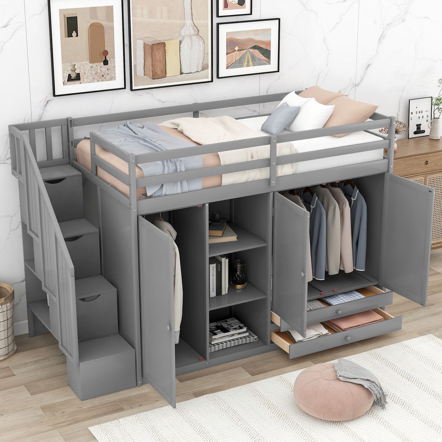 Loft Bed With 3 Shelves, 2 Wardrobes, 2 Drawers, Ladder Storage - The Sleep Loft - Online Mattress Showroom NYC