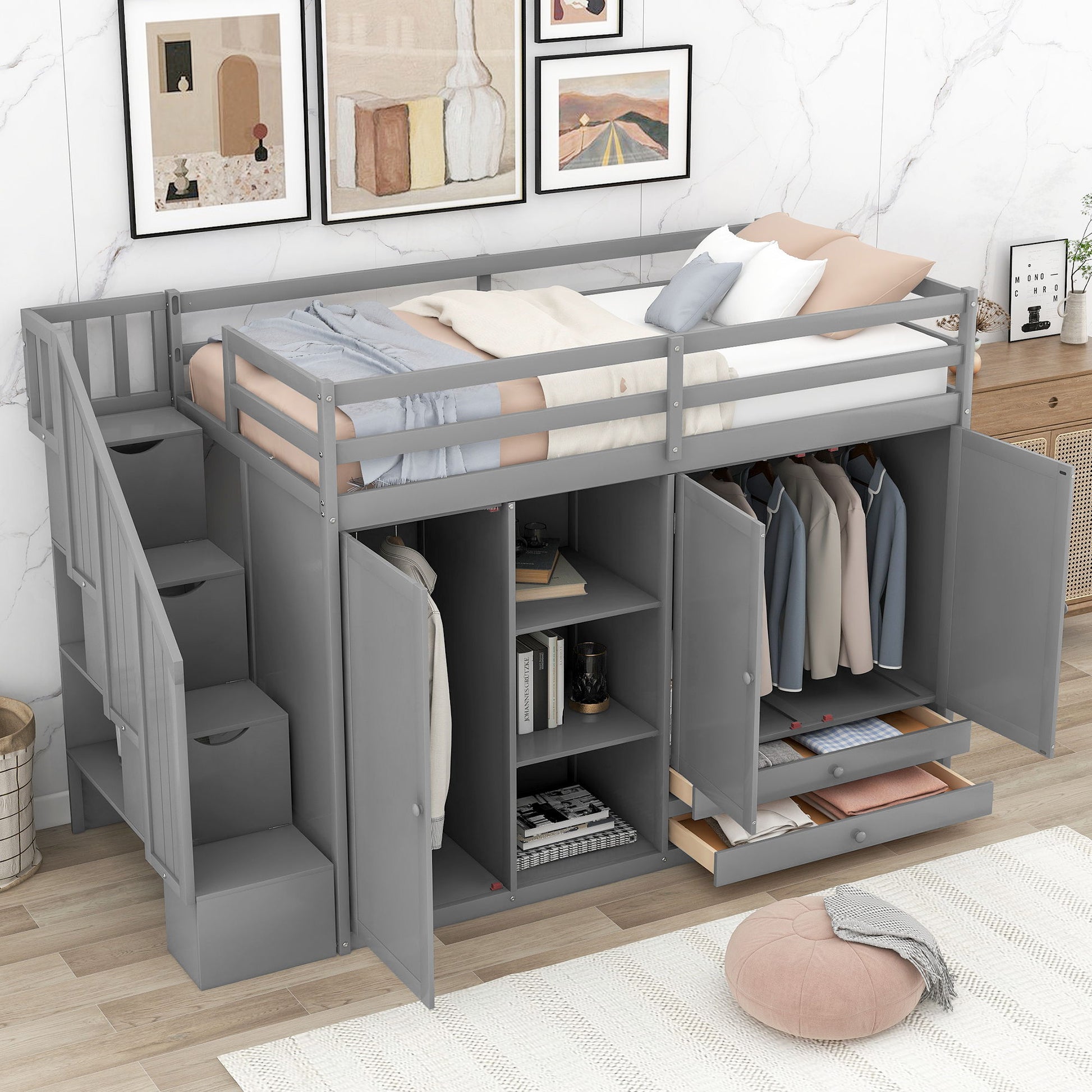 Loft Bed With 3 Shelves, 2 Wardrobes, 2 Drawers, Ladder Storage - The Sleep Loft - Online Mattress Showroom NYC