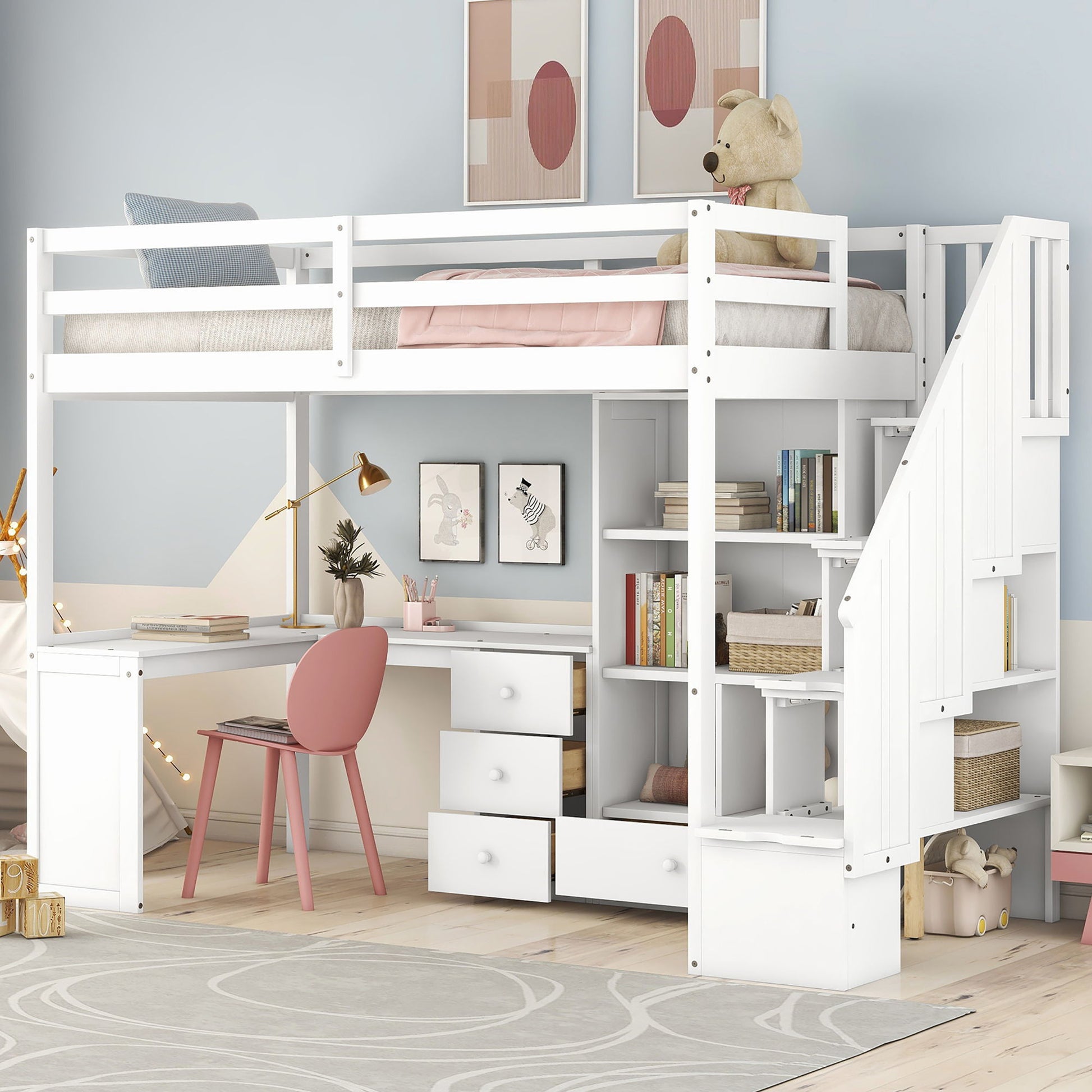 Loft Bed With L Shaped Desk, Drawers, Cabinet, And Storage Staircase - The Sleep Loft - Online Mattress Showroom NYC