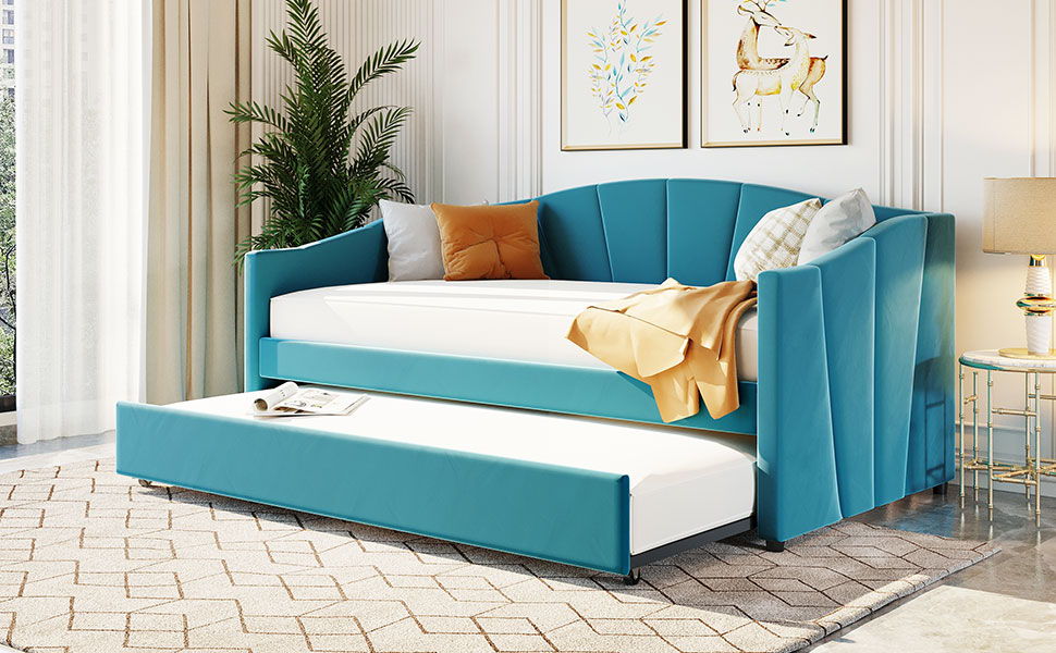 Upholstered Daybed Sofa Bed With Trundle Bed And Wood Slat - The Sleep Loft - Online Mattress Showroom NYC