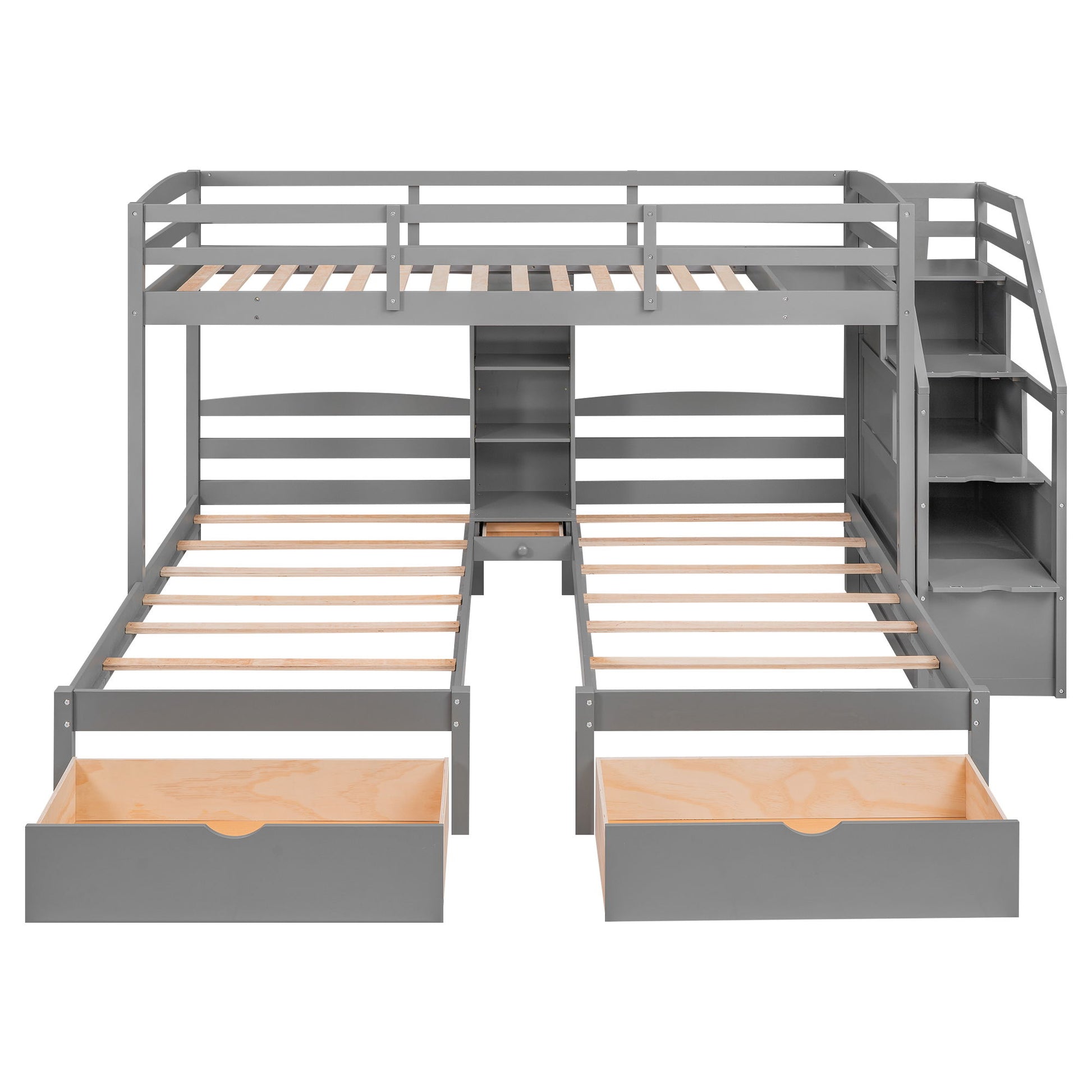 Twin Over Twin & Twin Bunk Bed With Drawers, Staircase Storage, Built In Shelves - Gray - The Sleep Loft - Online Mattress Showroom NYC