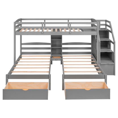 Twin Over Twin & Twin Bunk Bed With Drawers, Staircase Storage, Built In Shelves - Gray - The Sleep Loft - Online Mattress Showroom NYC