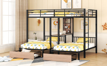 Triple Bunk Bed With Drawers, Multi-Functional Frame With Desks And Shelves In The Middle - The Sleep Loft - Online Mattress Showroom NYC
