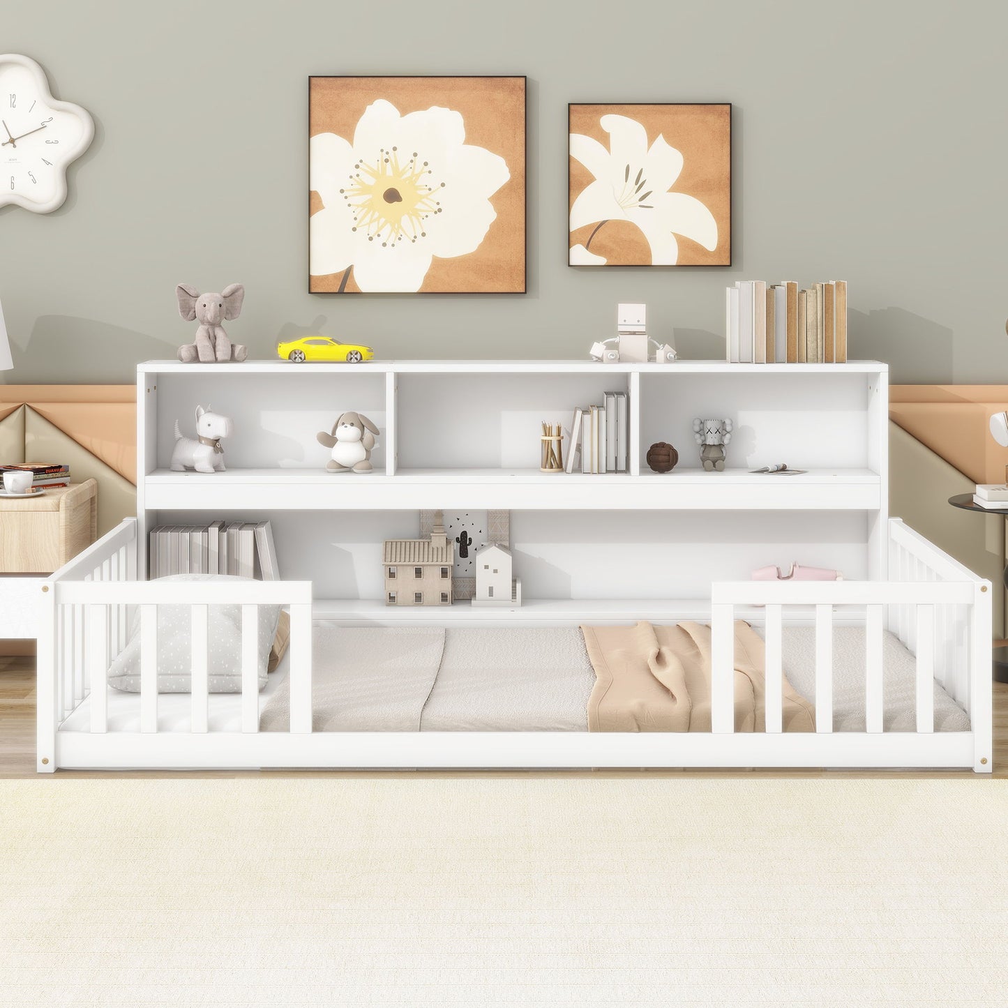Floor Bed With Bedside Bookcase, Shelves, Guardrails - The Sleep Loft - Online Mattress Showroom NYC