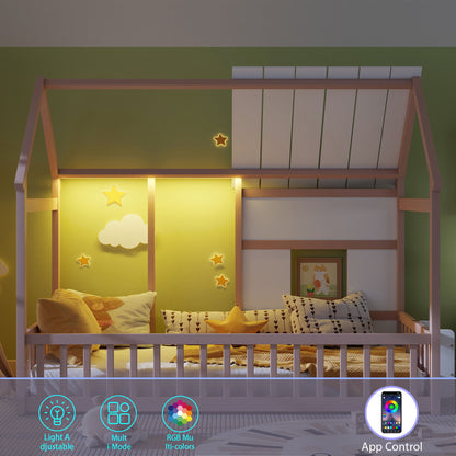 House Floor Bed With 7 Color LED Light, Built In Bookshelf - The Sleep Loft - Online Mattress Showroom NYC