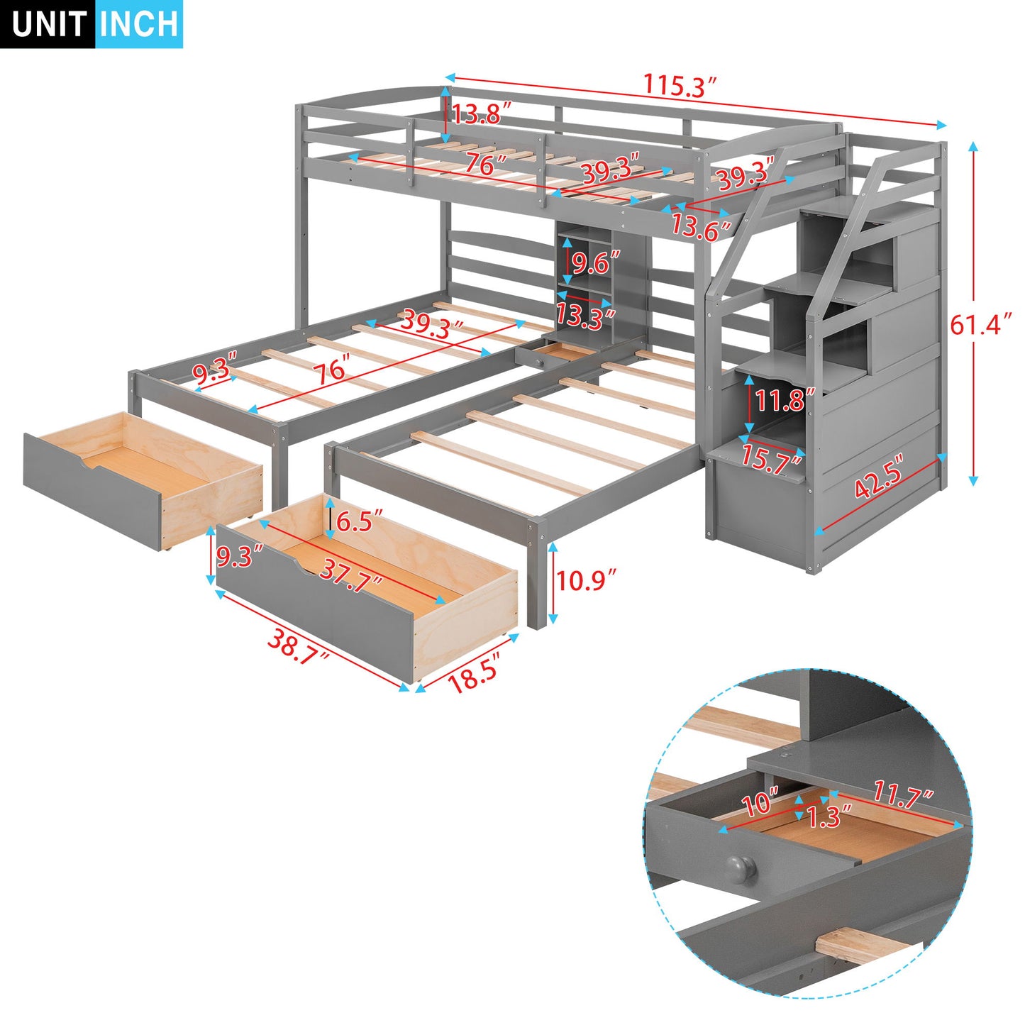 Twin Over Twin & Twin Bunk Bed With Drawers, Staircase Storage, Built In Shelves - Gray - The Sleep Loft - Online Mattress Showroom NYC