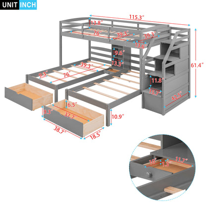 Twin Over Twin & Twin Bunk Bed With Drawers, Staircase Storage, Built In Shelves - Gray - The Sleep Loft - Online Mattress Showroom NYC