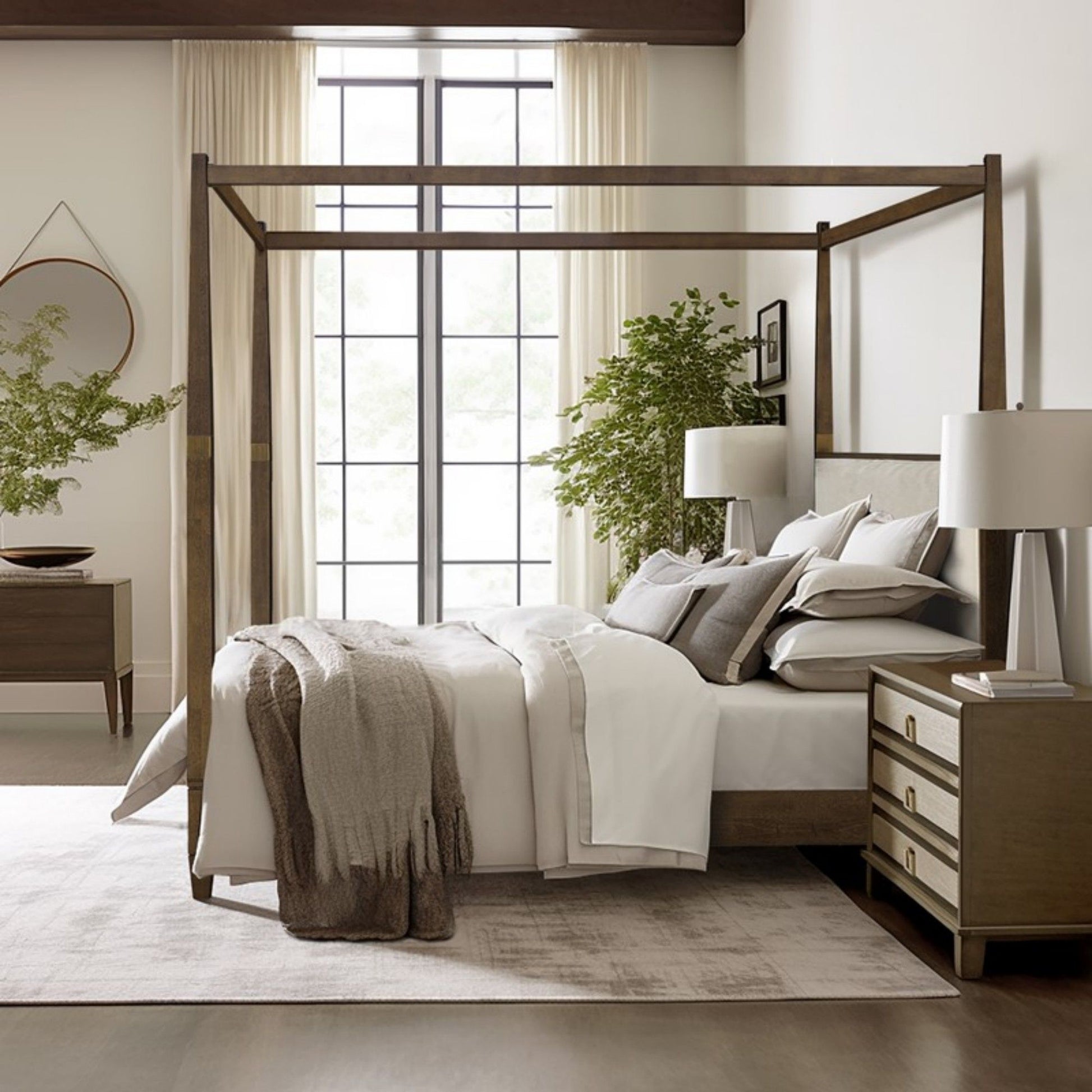 Queen Canopy Bed Frame With Upholstered Headboard - Brown - The Sleep Loft - Online Mattress Showroom NYC