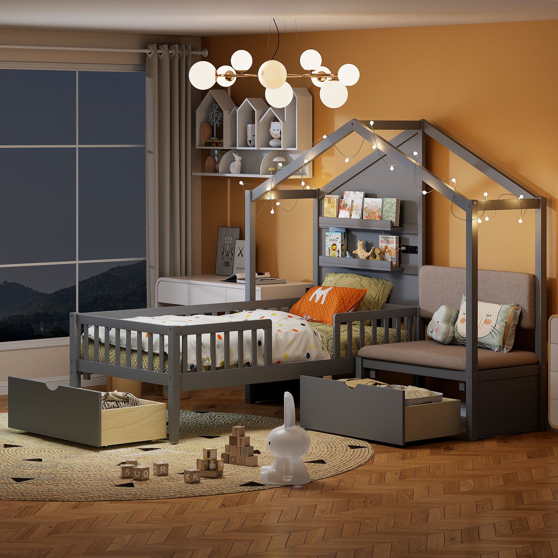 House Bed With Upholstered Sofa, Wireless Charging Station, Shelves And 2 Drawers - The Sleep Loft - Online Mattress Showroom NYC