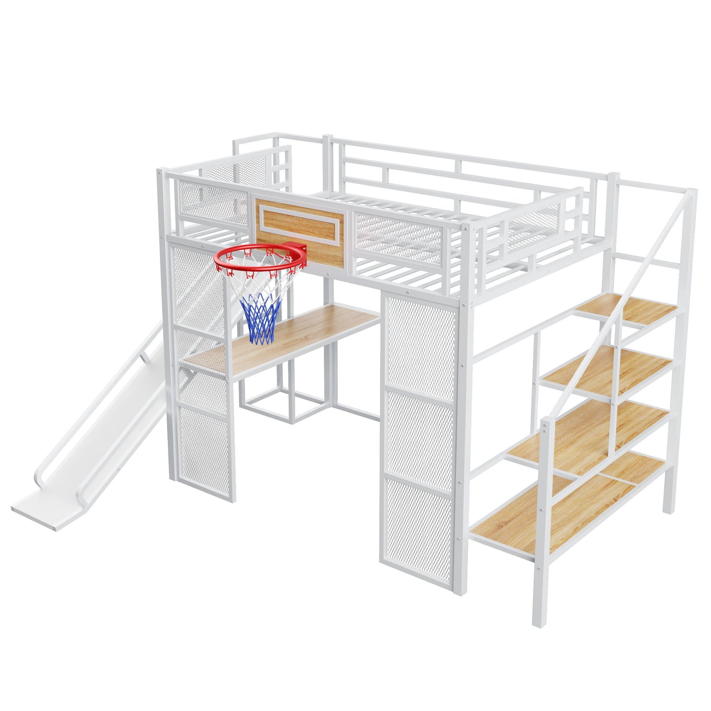 Loft Bed With Built In Desk, Open Wardrobe, Basketball Hoop, Slide And Staircase - The Sleep Loft - Online Mattress Showroom NYC