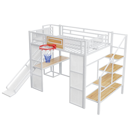 Loft Bed With Built In Desk, Open Wardrobe, Basketball Hoop, Slide And Staircase - The Sleep Loft - Online Mattress Showroom NYC