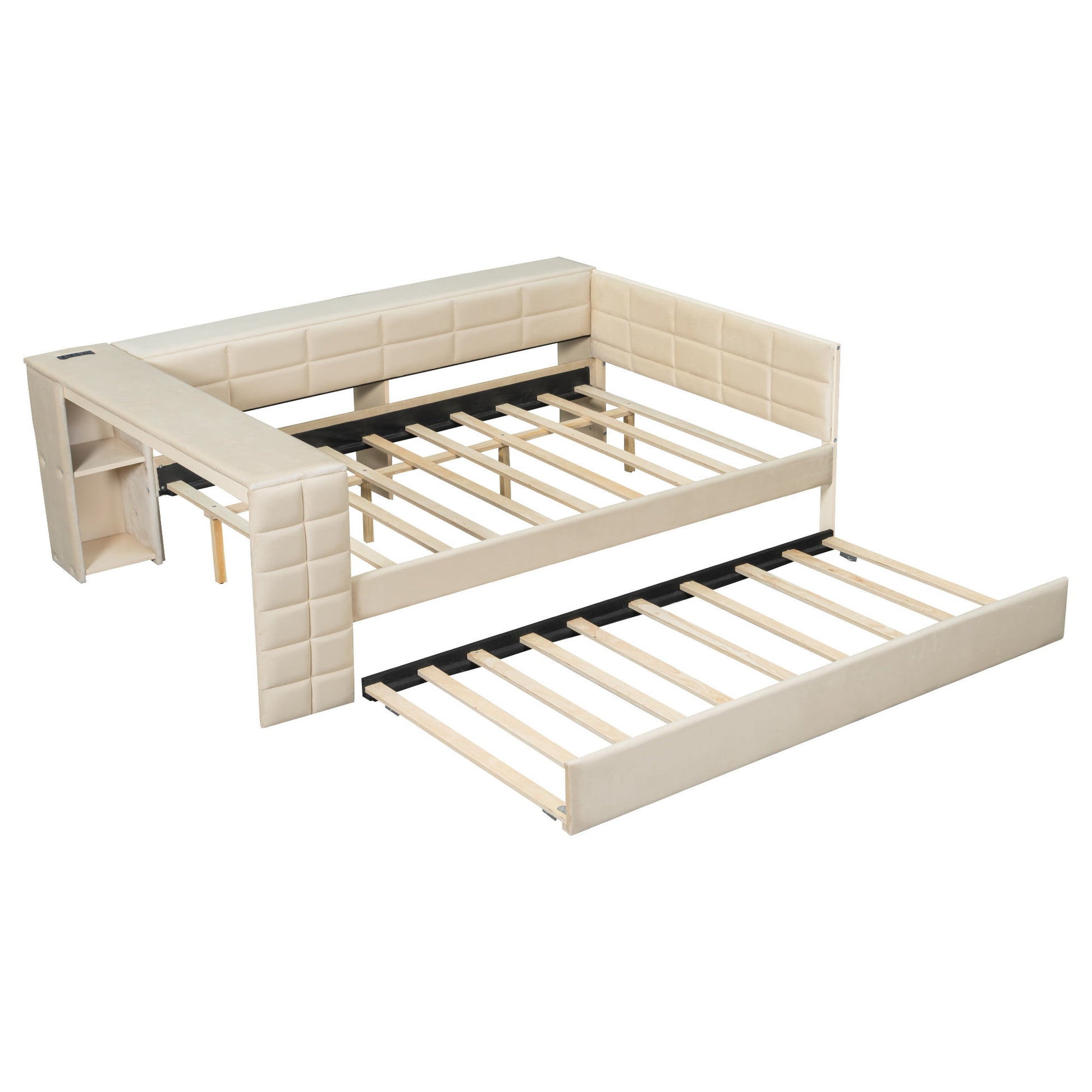 Upholstered Platform Bed With Storage Shelves, Desk, Charging Station And Trundle - The Sleep Loft - Online Mattress Showroom NYC
