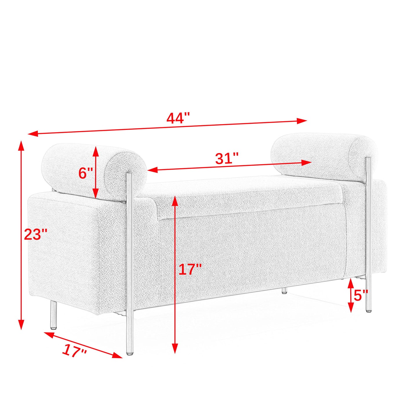 Elegant Upholstered Storage Bench With Cylindrical Arms And Iron Legs, - The Sleep Loft - Online Mattress Showroom NYC