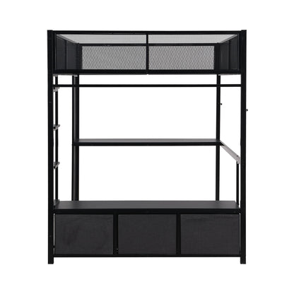 Full Size Gaming Loft Bed With LED Desk, Open Wardrobe, 3 Linen Storage Drawers - Black - The Sleep Loft - Online Mattress Showroom NYC