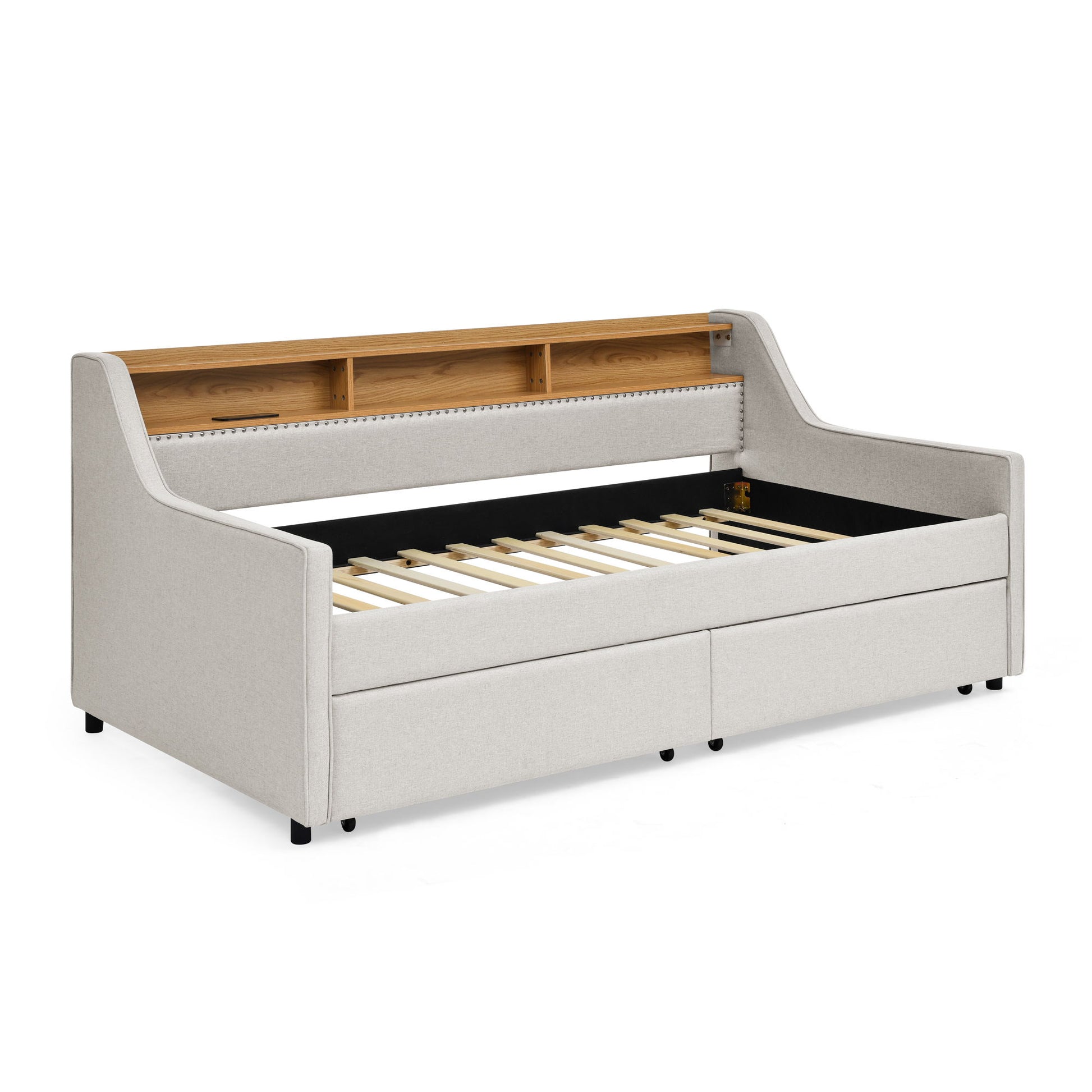 Twin Upholstered Sofa Bed With LED Lights, Storage Drawers, Adjustable Headboard & Wireless Charging - Beige - The Sleep Loft - Online Mattress Showroom NYC