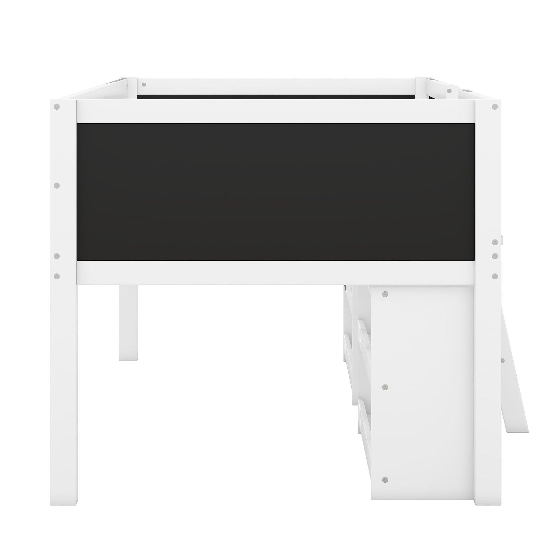 Low Loft Bed With Movable Shelves And Ladder, Decorative Chalkboard Guardrail - The Sleep Loft - Online Mattress Showroom NYC