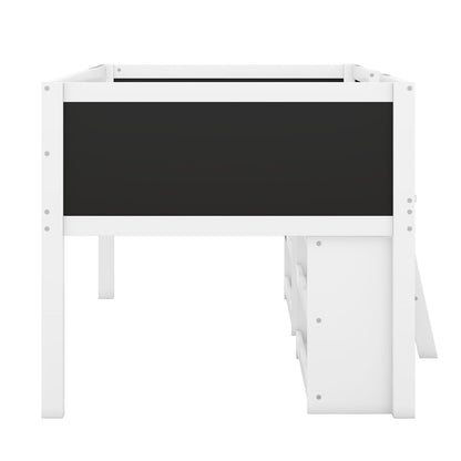 Low Loft Bed With Movable Shelves And Ladder, Decorative Chalkboard Guardrail - The Sleep Loft - Online Mattress Showroom NYC