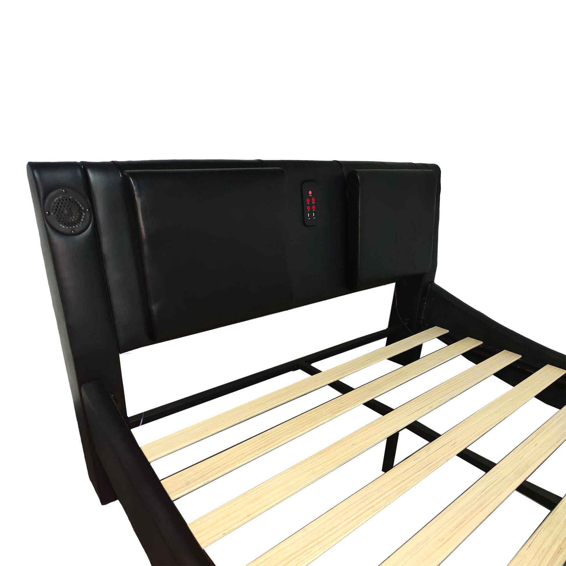 Upholstered Platform Bed Frame With LED Lighting, Bluetooth Connection To Play Music Control, Backrest Vibration Massage, Curve Design, Wood Slat Support, Exhibited Speakers - The Sleep Loft - Online Mattress Showroom NYC