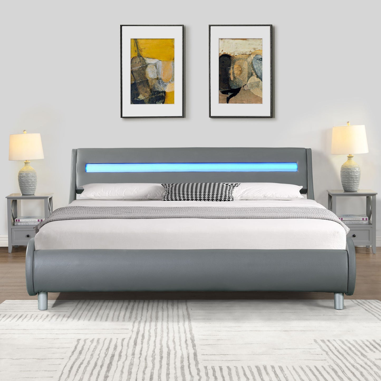 Queen Size Upholstered Platform Bed Frame With LED Lighting, Curve Design, Wood Slat Support, No Box Spring Needed - Gray - The Sleep Loft - Online Mattress Showroom NYC