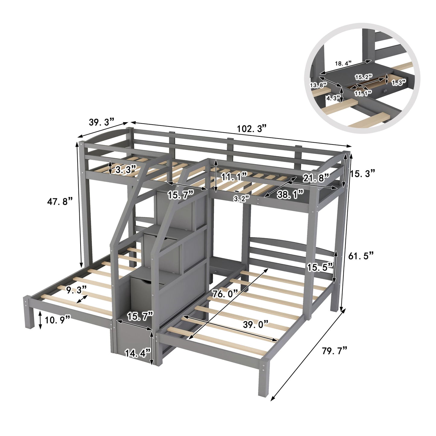 Twin Over Twin & Twin Bunk Bed With Built In Staircase And Storage Drawer - Gray - The Sleep Loft - Online Mattress Showroom NYC
