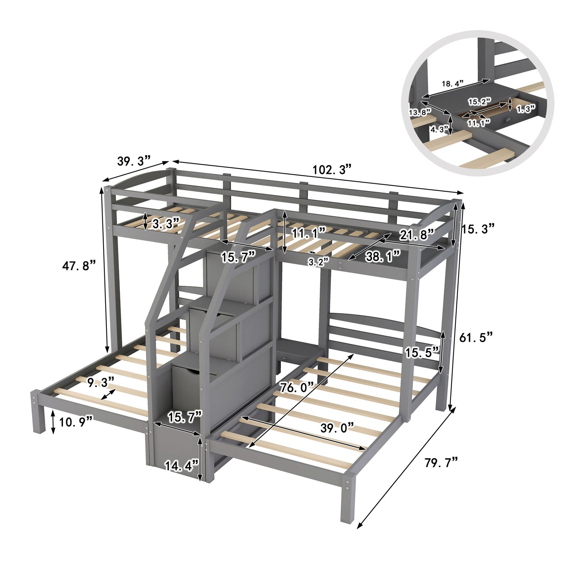 Twin Over Twin & Twin Bunk Bed With Built In Staircase And Storage Drawer - Gray - The Sleep Loft - Online Mattress Showroom NYC
