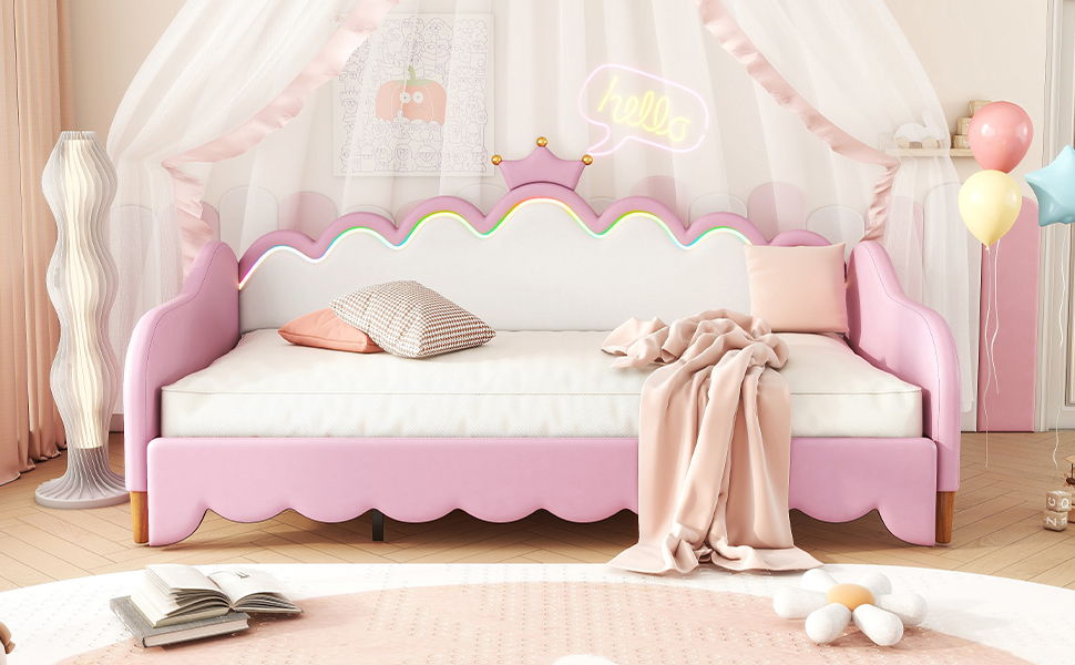 Extending Daybed With LED Lights, Modern Upholstered Princess Daybed With Crown Headboard - The Sleep Loft - Online Mattress Showroom NYC