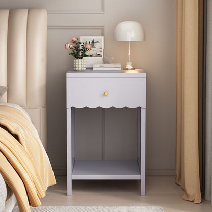 Nightstand With Drawer And Open Shelf, Scalloped Edge Bedside Table - The Sleep Loft - Online Mattress Showroom NYC