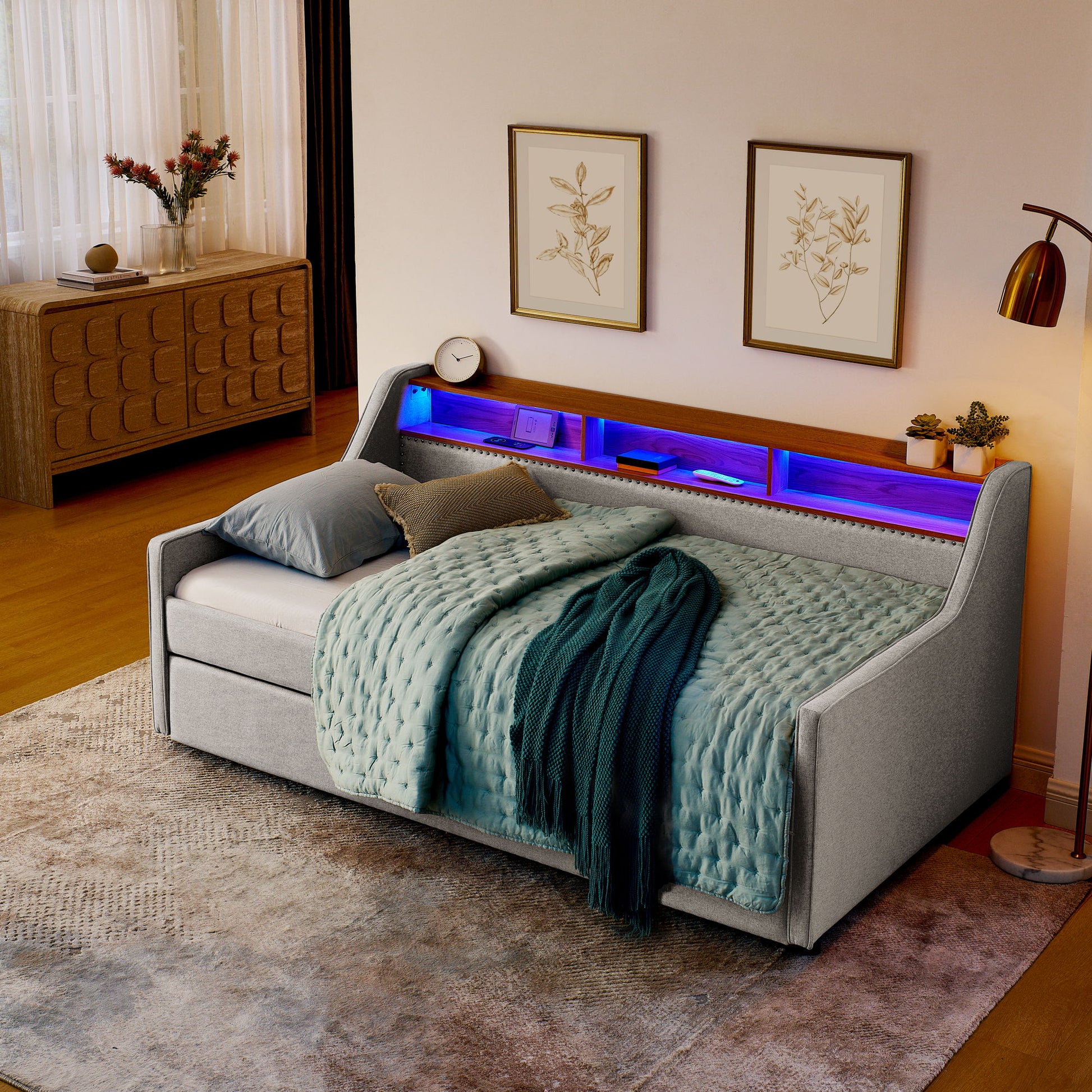 Upholstered Sofa Bed With LED Lights, Storage Headboard, Foldable Trundle & Wireless Charging - The Sleep Loft - Online Mattress Showroom NYC