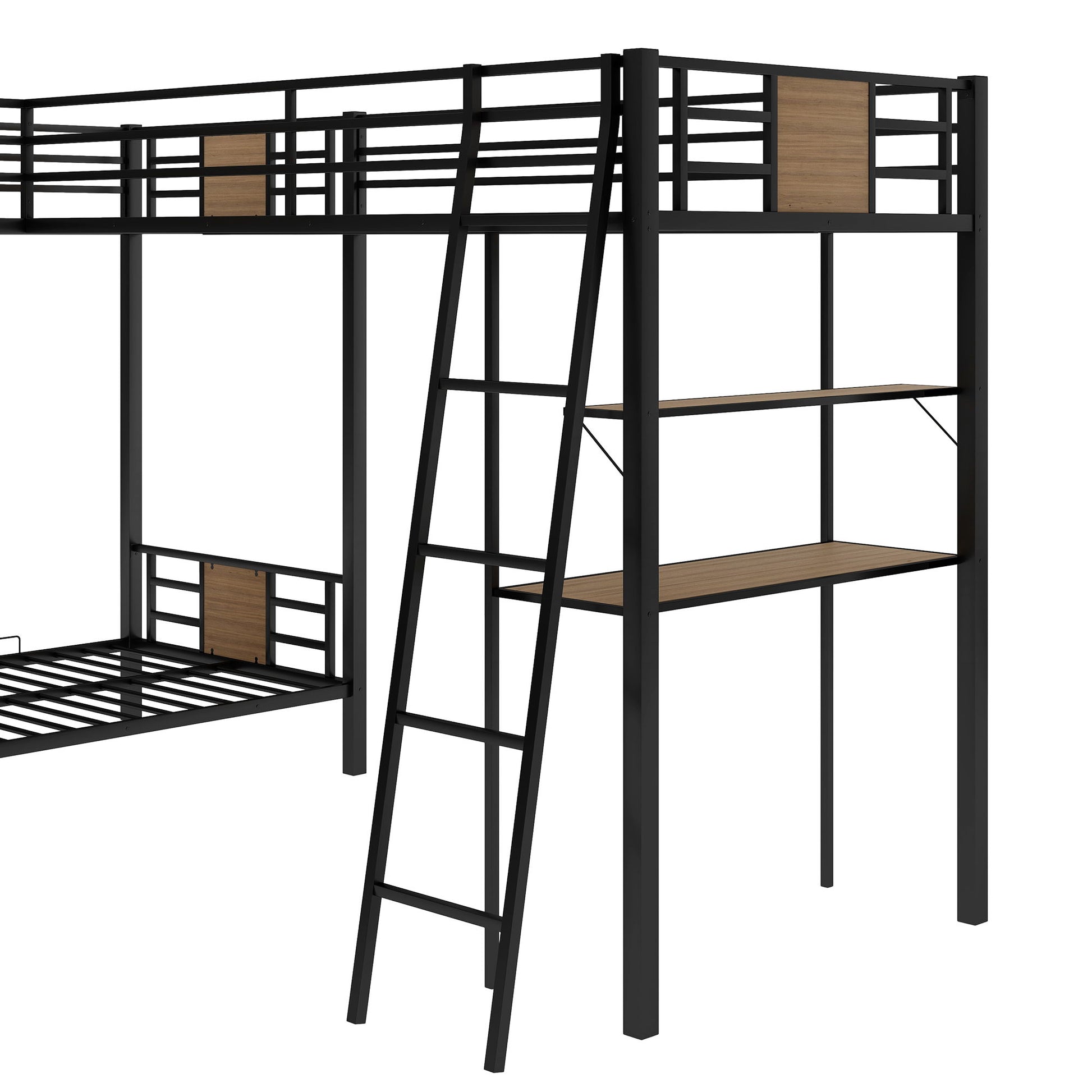 L-Shaped Twin Over Twin Bunk Bed With Twin Size Loft Bed With Desk And Shelf - Brown - The Sleep Loft - Online Mattress Showroom NYC