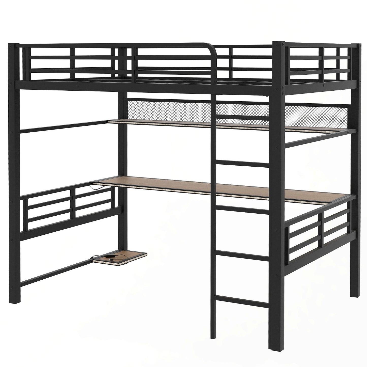 Full Size Loft Bed Frame With Storage Shelf And LED Light - Black - The Sleep Loft - Online Mattress Showroom NYC