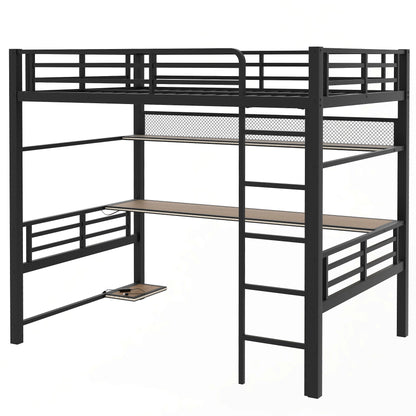 Full Size Loft Bed Frame With Storage Shelf And LED Light - Black - The Sleep Loft - Online Mattress Showroom NYC