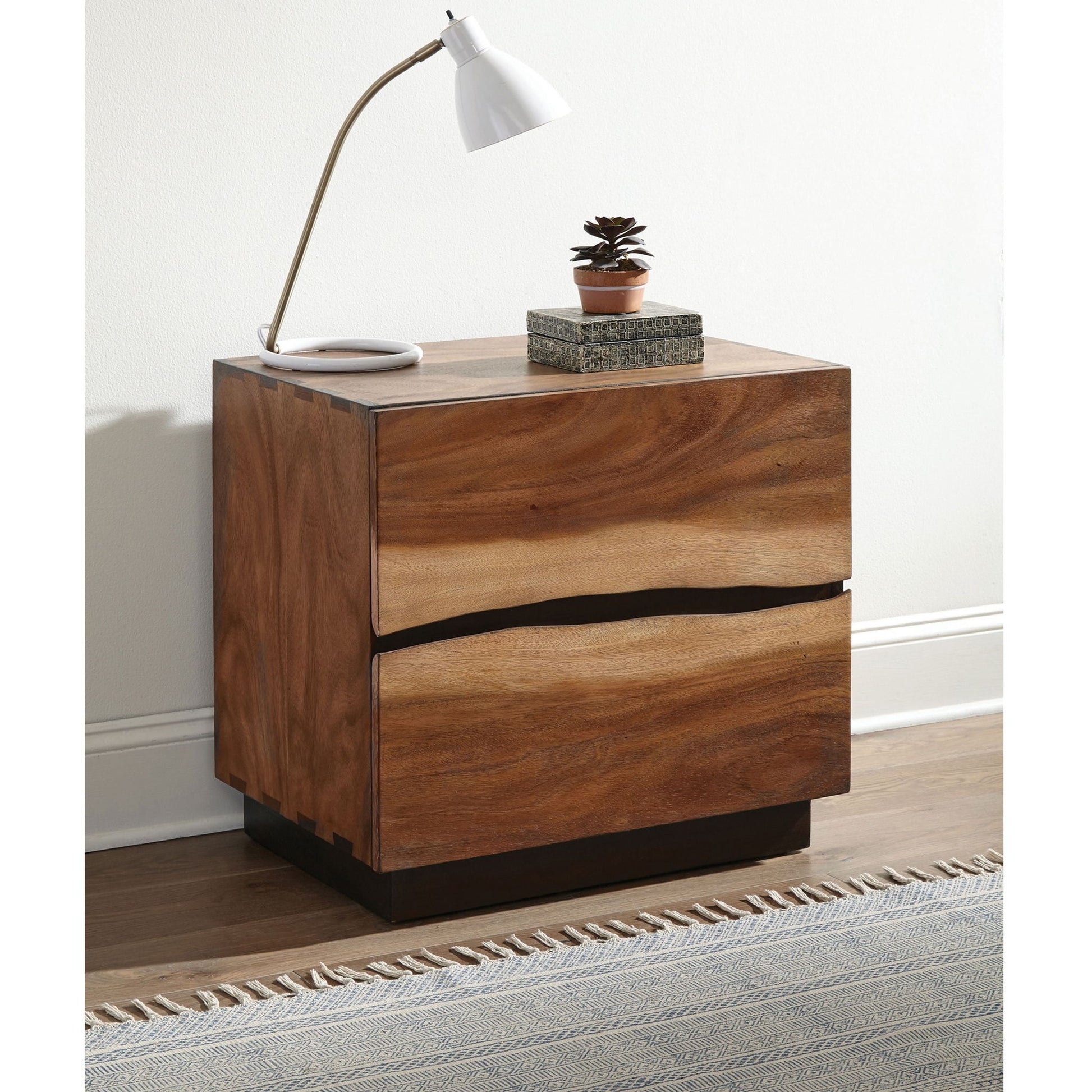 Wooden 2 Drawer Nightstand With Smokey And Asymmetrical Design - Walnut - The Sleep Loft - Online Mattress Showroom NYC