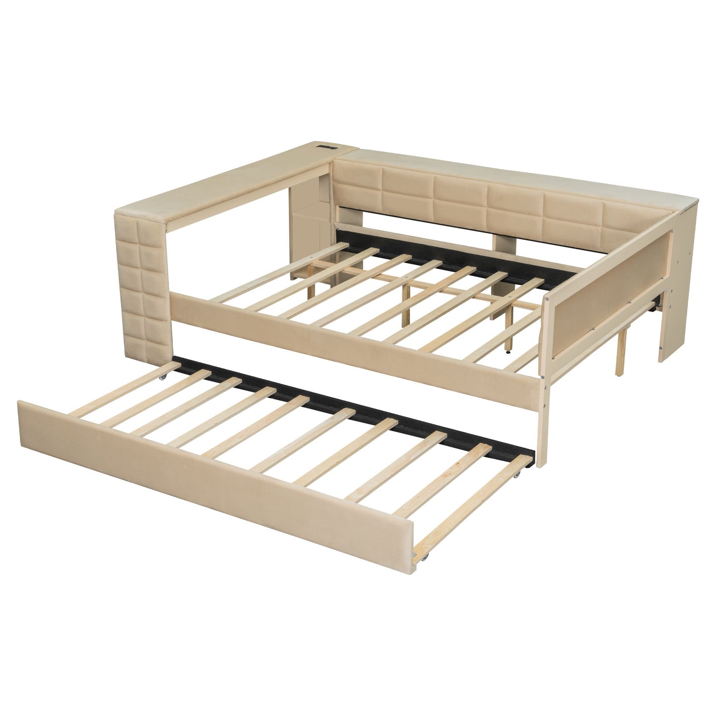 Upholstered Platform Bed With Storage Shelves, Desk, Charging Station And Trundle - The Sleep Loft - Online Mattress Showroom NYC