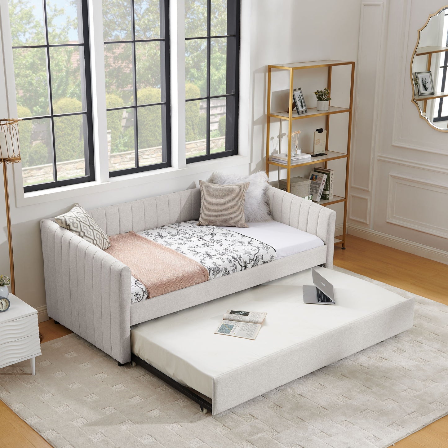 Upholstered Daybed With Trundle With Vertical Stripes - The Sleep Loft - Online Mattress Showroom NYC