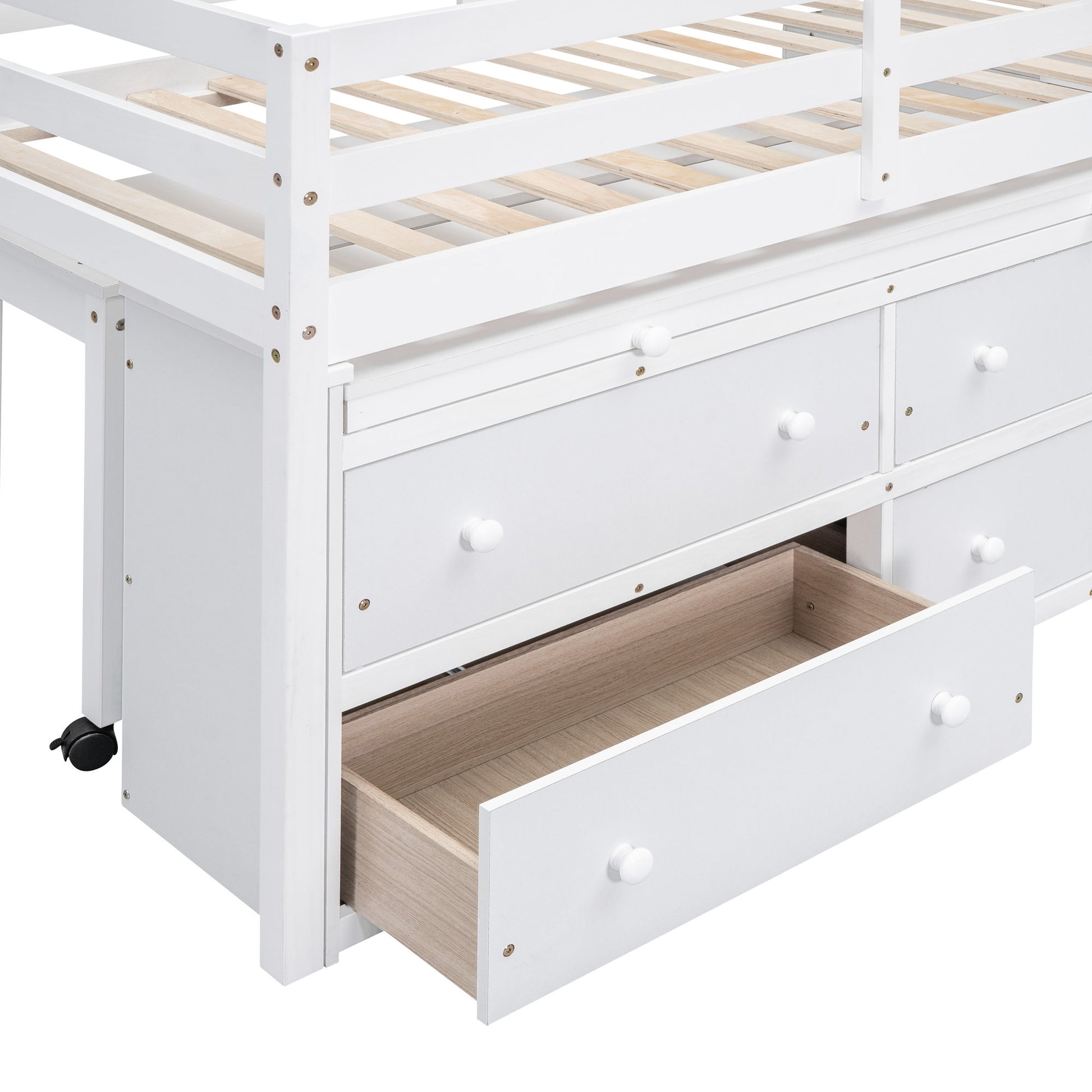 Loft Bed With Retractable Writing Desk And 4 Drawers, With Lateral Portable Desk And Shelves - The Sleep Loft - Online Mattress Showroom NYC