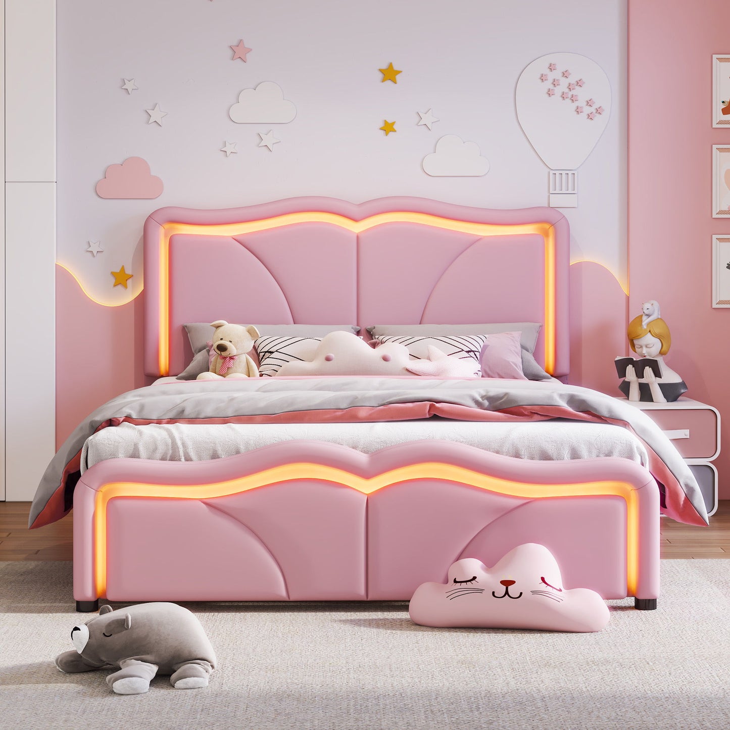 Upholstered Platform Bed & Curve Shaped And Height Adjustable Headboard, LED Light Strips - The Sleep Loft - Online Mattress Showroom NYC