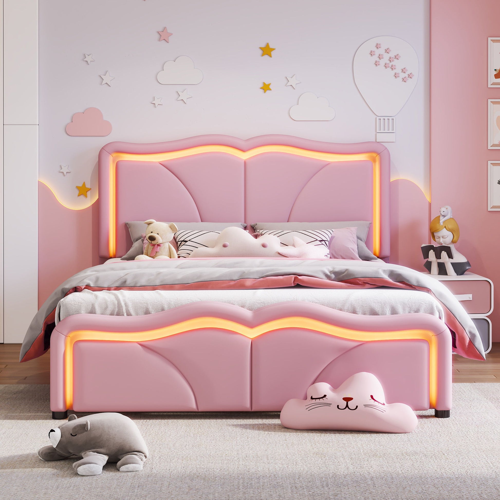 Upholstered Platform Bed & Curve Shaped And Height Adjustable Headboard, LED Light Strips - The Sleep Loft - Online Mattress Showroom NYC