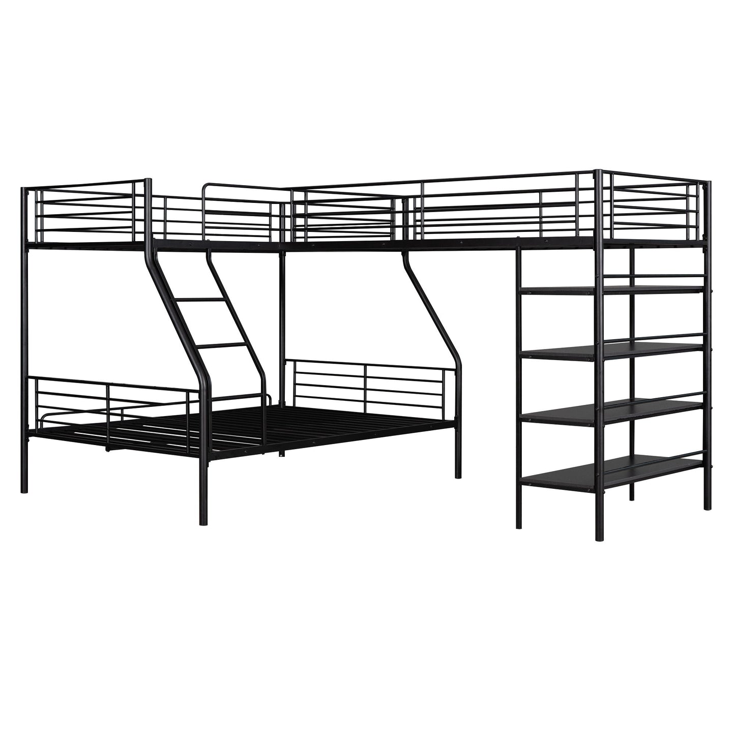 L-Shaped Twin Over Full Bunk Bed And Twin Loft Bed With 4 Built In Shelves - Black - The Sleep Loft - Online Mattress Showroom NYC