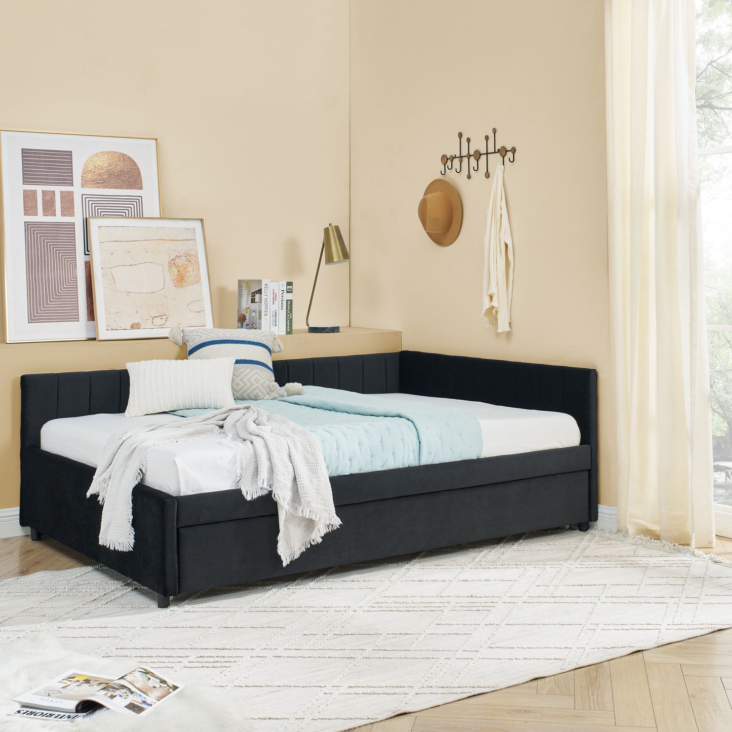 Full Size Upholstered Daybed With Trundle, Tufted Backrest And Armrests - Black - The Sleep Loft - Online Mattress Showroom NYC